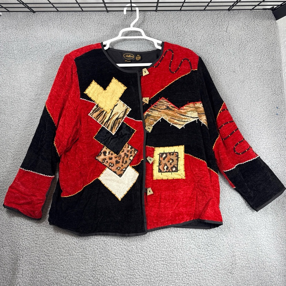 Allure Vintage Jacket Womens 2X‎ Red Embroidered Patchwork Cheetah Zebra
